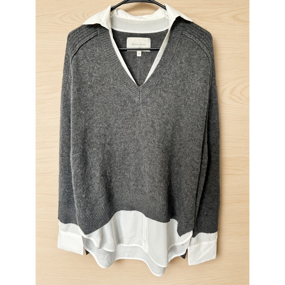 Brochu Walker Looker Wool Cashmere Layered V-Neck Sweater Grey M JER2197